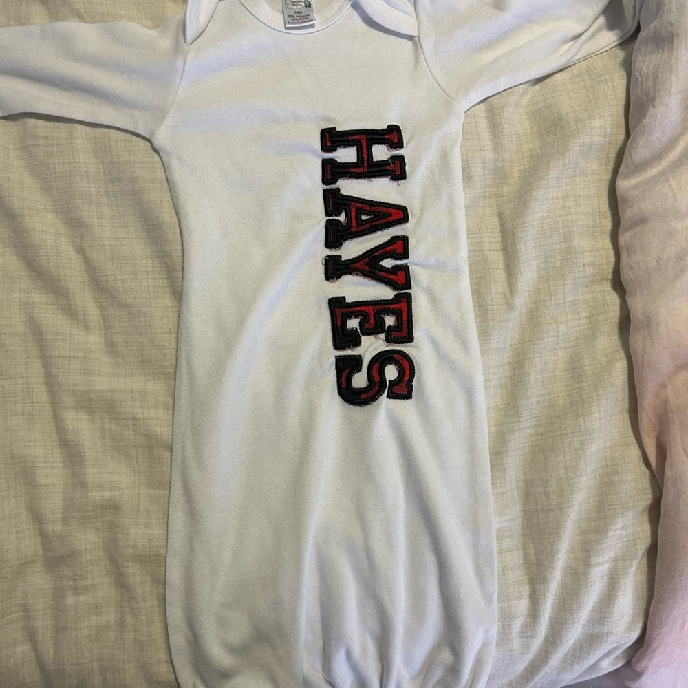 White Newborn Gown with Red and Black “Hayes” embroidered